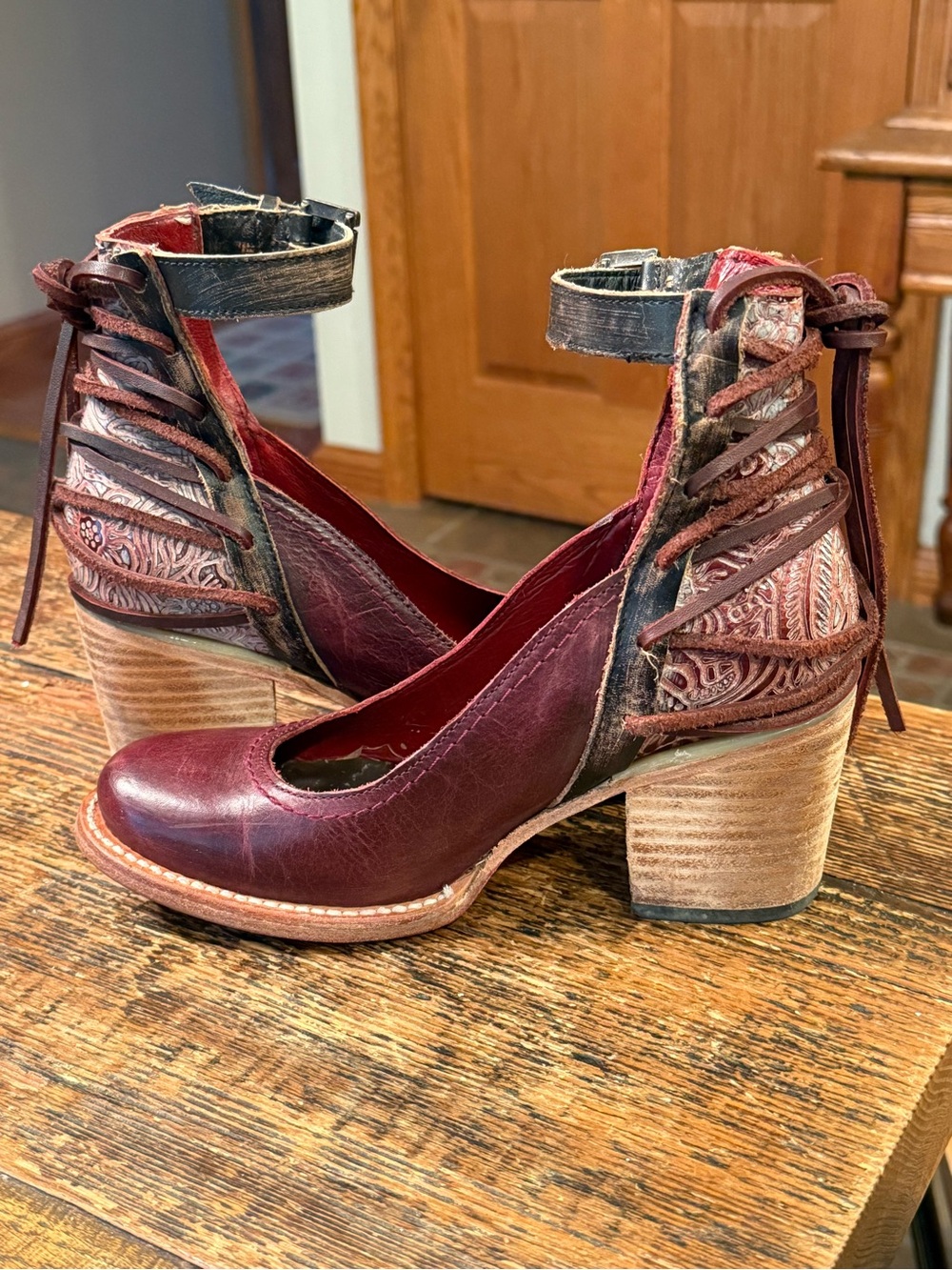 Freebird by Steven Raeanne Burgundy Leather Ankle-Strap Block Heels - Picture 5 of 10